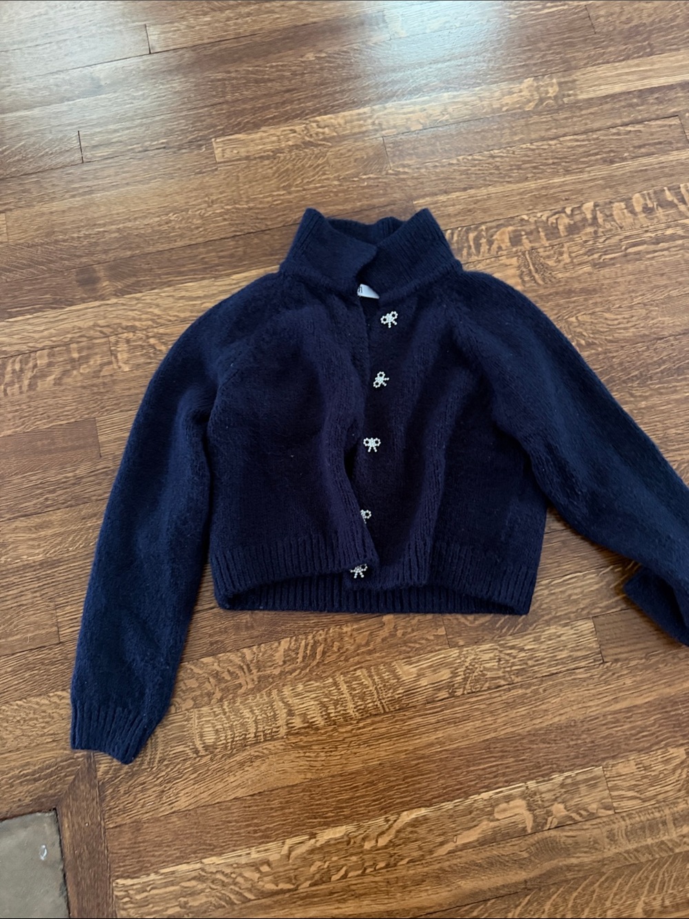 Zara Navy Cropped Knit Cardigan with Bow Buttons